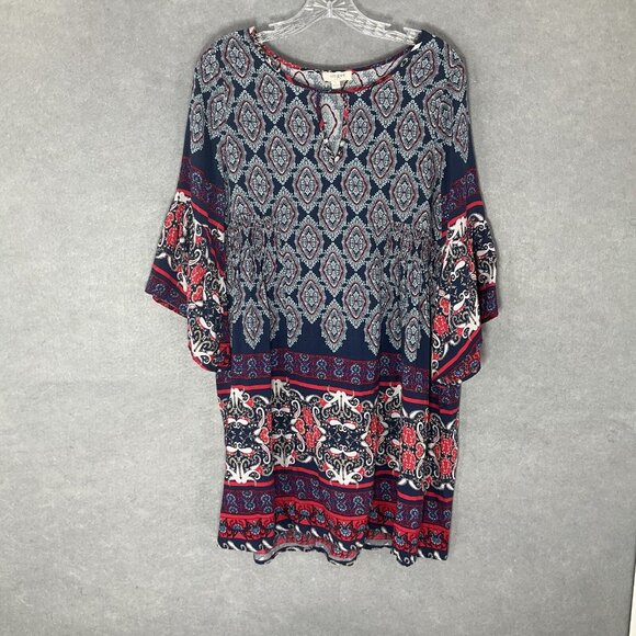 Umgee Top Women Sz L Patchwork Multicolor Keyhole 3/4 Bell‎ Sleeve Relaxed Boho - Picture 1 of 12
